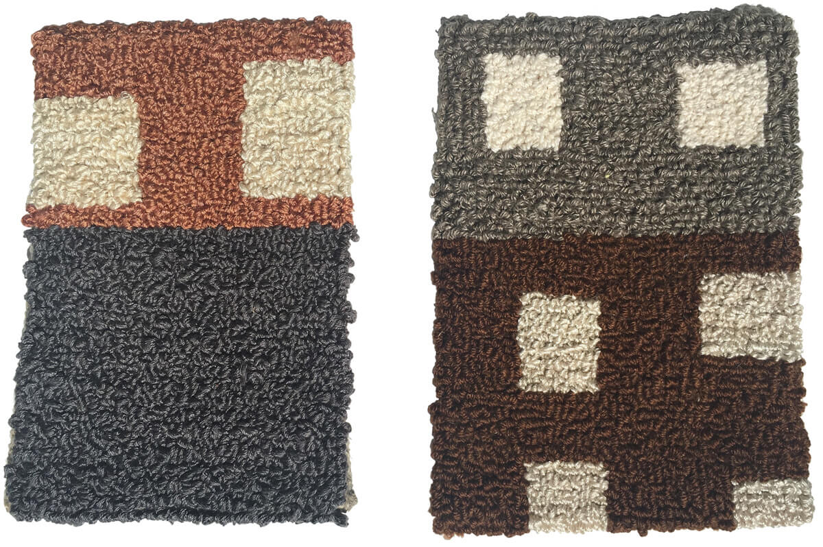 Wool rug maquettes – dark grey, light brown, white & purple blocks